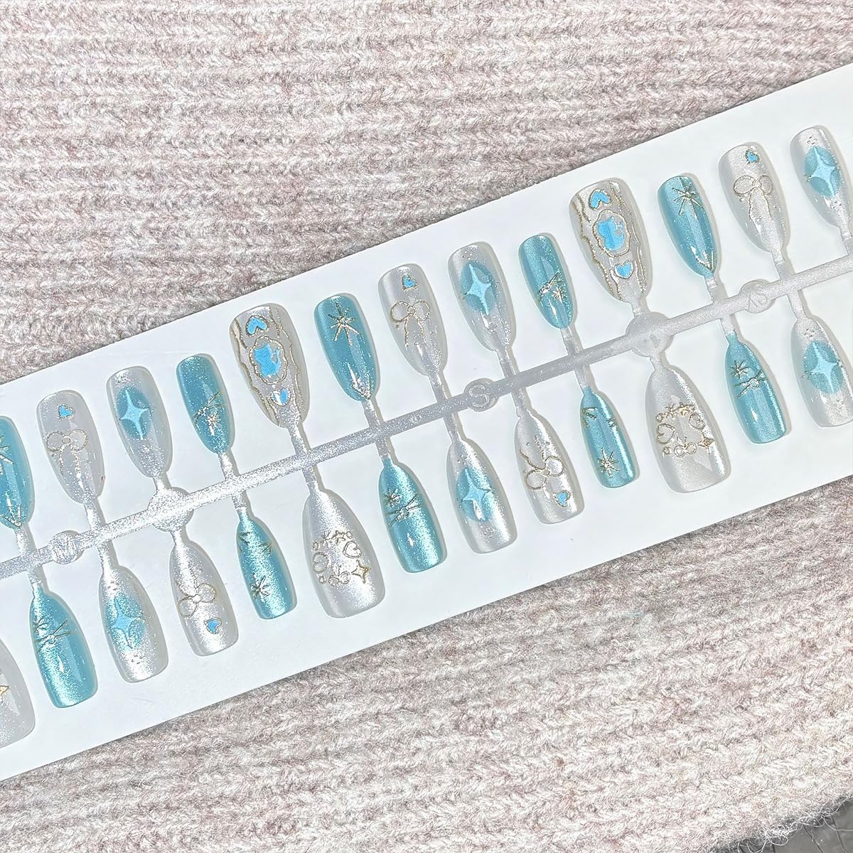 30Pcs Cat Press on Nails Short Almond Fake Nails Blue Cute Cat with Star Rhinestones Design Glitter False Nails Handmade Full Cover Artificial Glue on Nails Spring Summer Stick on Nails for Women - Image 4