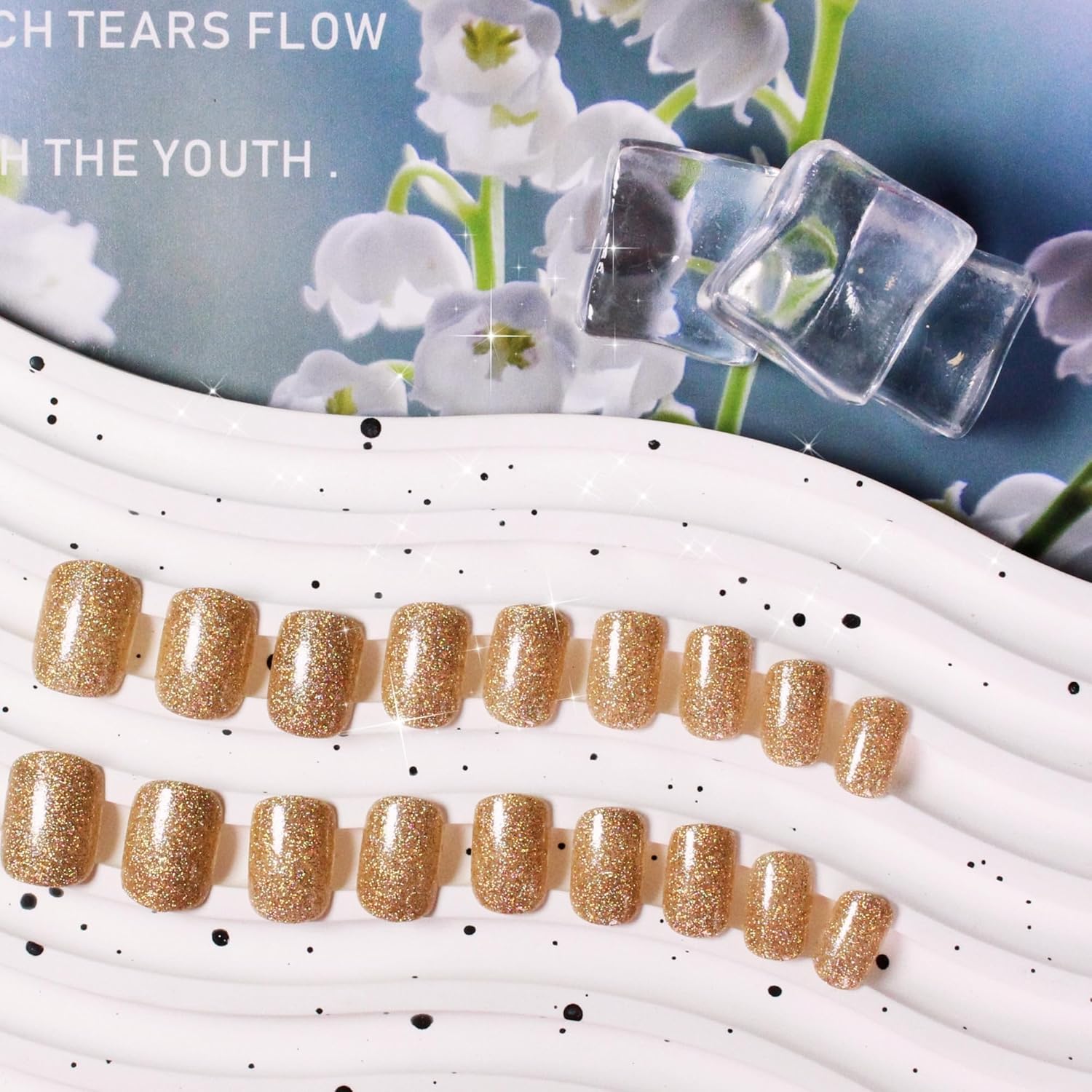 KQueenest Light Gold Glitter Press on Nails, Short Square Acrylic False Nails with Designs, 24 Pcs Set - Image 3