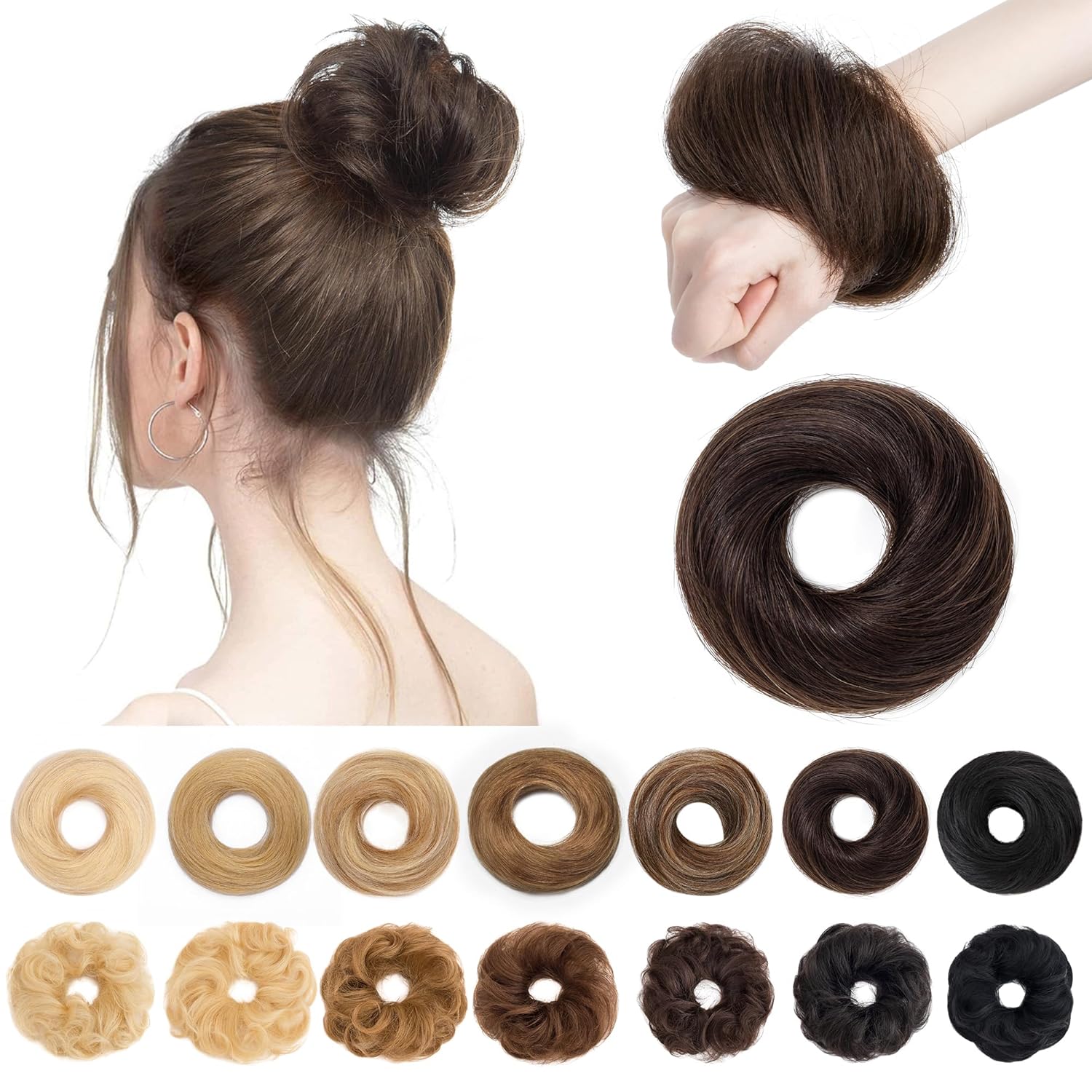 SEGO Human Hair Messy Bun Hairpieces Real Scrunchies Natural Wavy Smoothed Updo Donut Chignon Ponytail Extensions for Women Girls-#02 Dark Brown