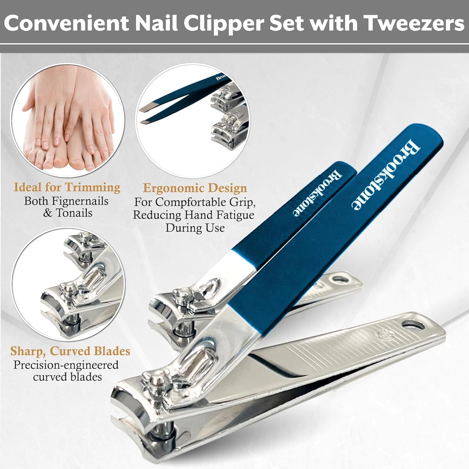 Brookstone Nail Clippers Set - Premium Stainless Steel Nail Clipper and Nail Cutter with Rubberized Non-Slip Grip, Includes Case and Tweezer, Two Nail Clippers for Precision Grooming (Navy) - Image 4