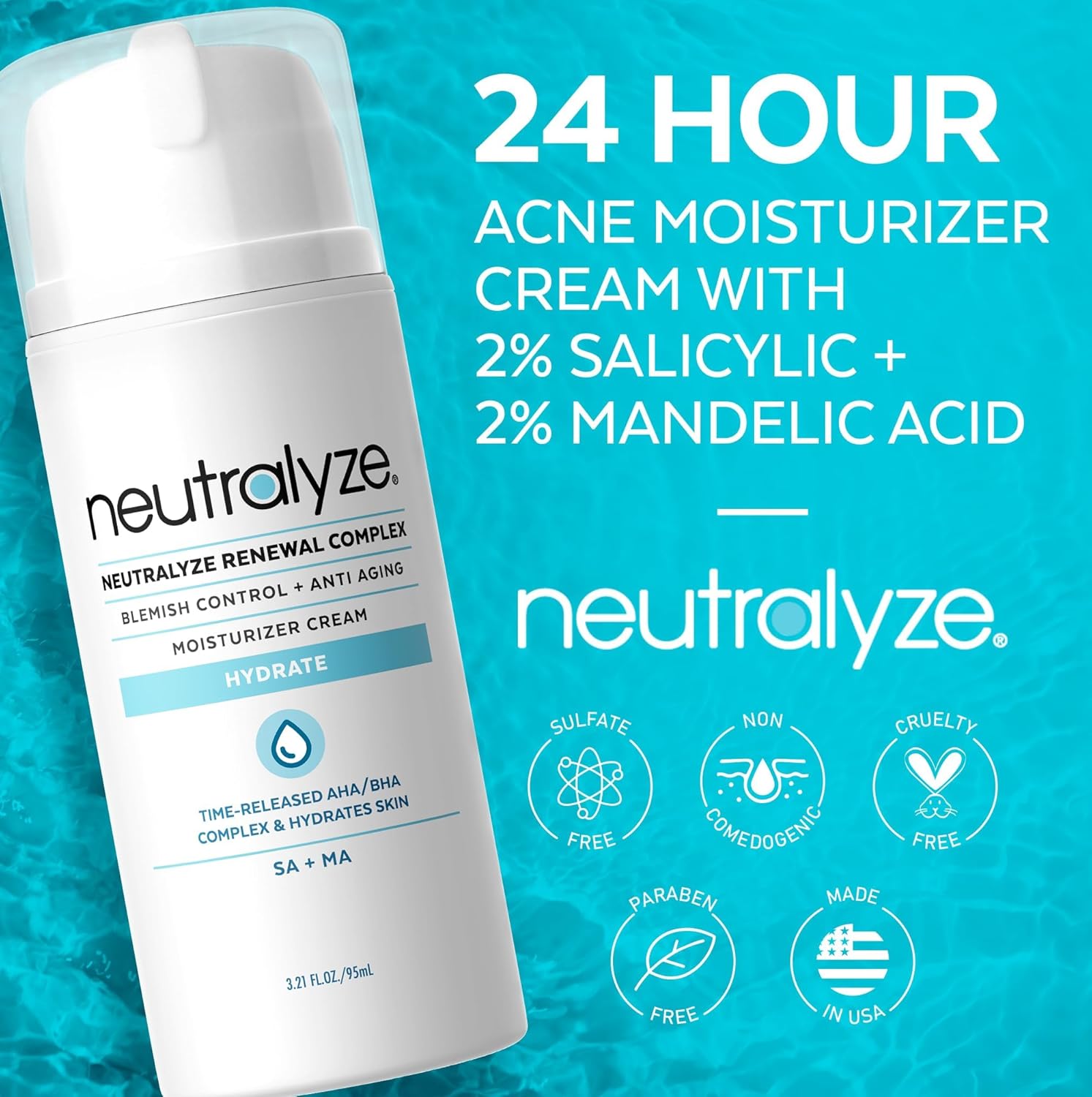 Renewal Complex Acne Moisturizer Cream for Face, Back & Body - 4 oz AHA + BHA Formula - Image 3