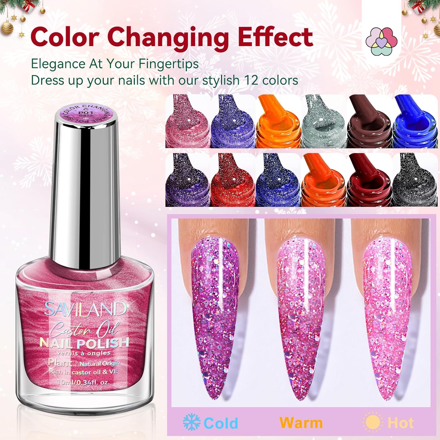 SAVILAND Color Changing Nail Polish Set: 12 Christmas Winter Colors Fingernail Polish Red Green Pink Air Quick Dry Temperature Change Mood Ombre Nail Polish with Top Base Polish Coat Women Home Nails - Image 2