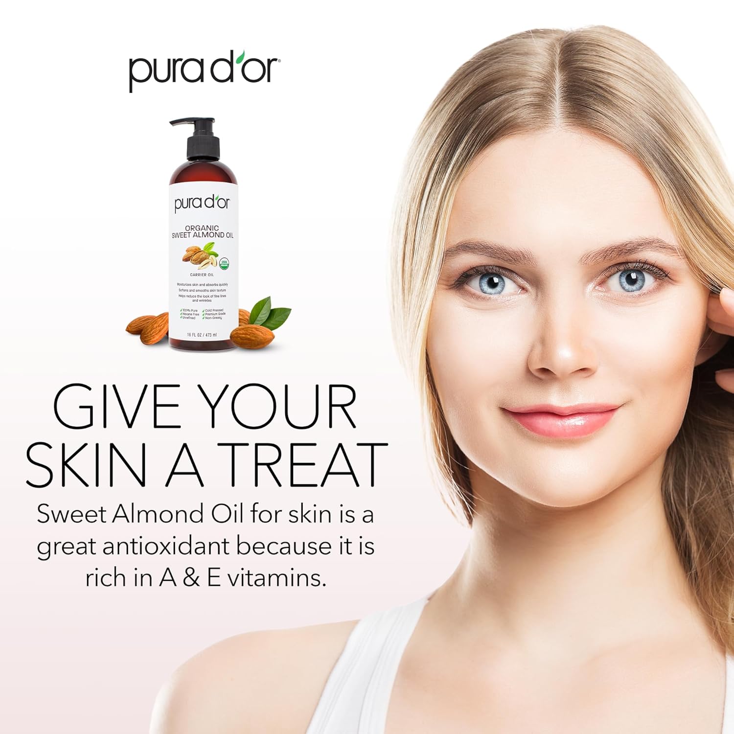 PURA D'OR 16 Oz ORGANIC Sweet Almond Oil - 100% Pure & Natural USDA Certified Cold Pressed Carrier Oil For DIY Beauty - Non-Greasy, Unscented, Hexane Free Moisturizer - Massage Oil For Hair & Skin - Image 4