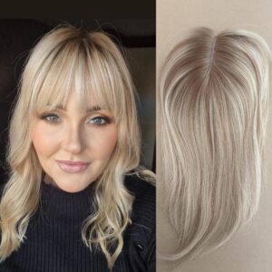 Human Hair Topper, Balayage Hair Blonde Short Remy Hair Piece 5''*5.5'' Soft Silk Base Crown Coverage No Bangs for Women (8 Inch, T16/10,honey blonde with toffee lowlights and level 9/10 root)