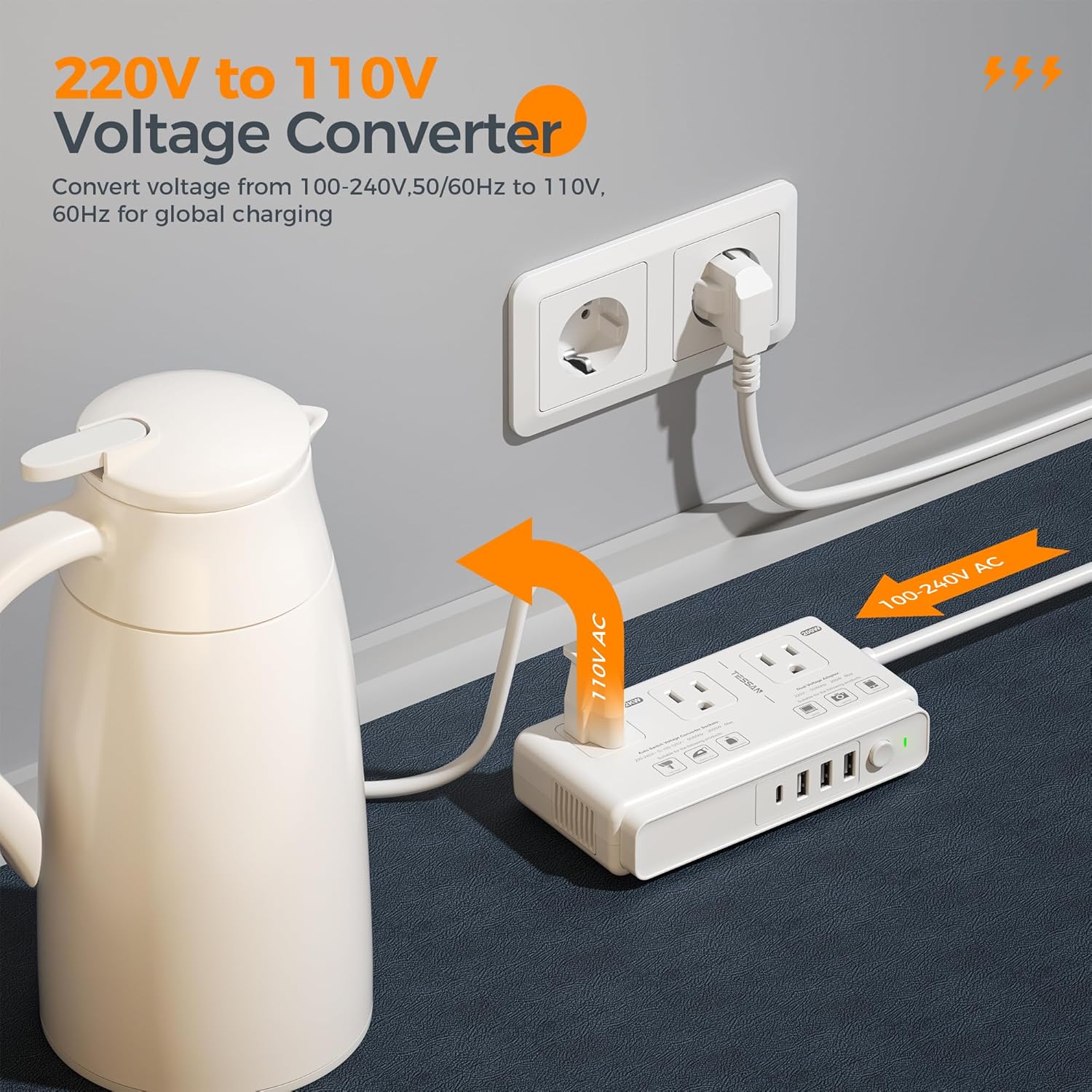 220V to 110V Voltage Converter, TESSAN Universal Travel Adapter with 4 USB Charger (1 USB C), 3 AC Sockets and EU/UK/AU/IT Plug Power Adaptor, Step Down Transformer Outlet Converters for International - Image 4