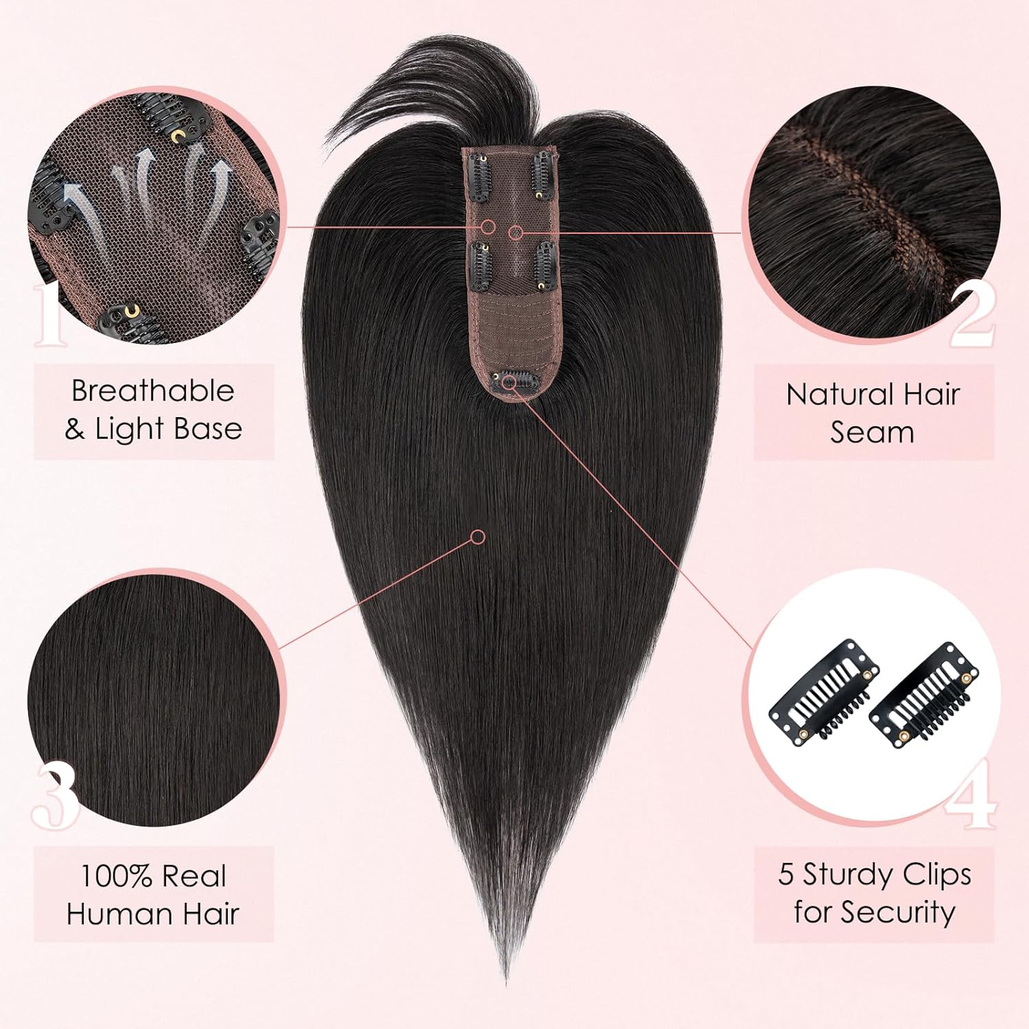 Hairro Human Hair Topper with Wispy Bangs, Clips on 360° 3D Cover Real Hairpieces Lightweight, 2.25"x6" Base for Women with High Hairline/Thinning Hair, 10 Inch Natural Black - Image 3