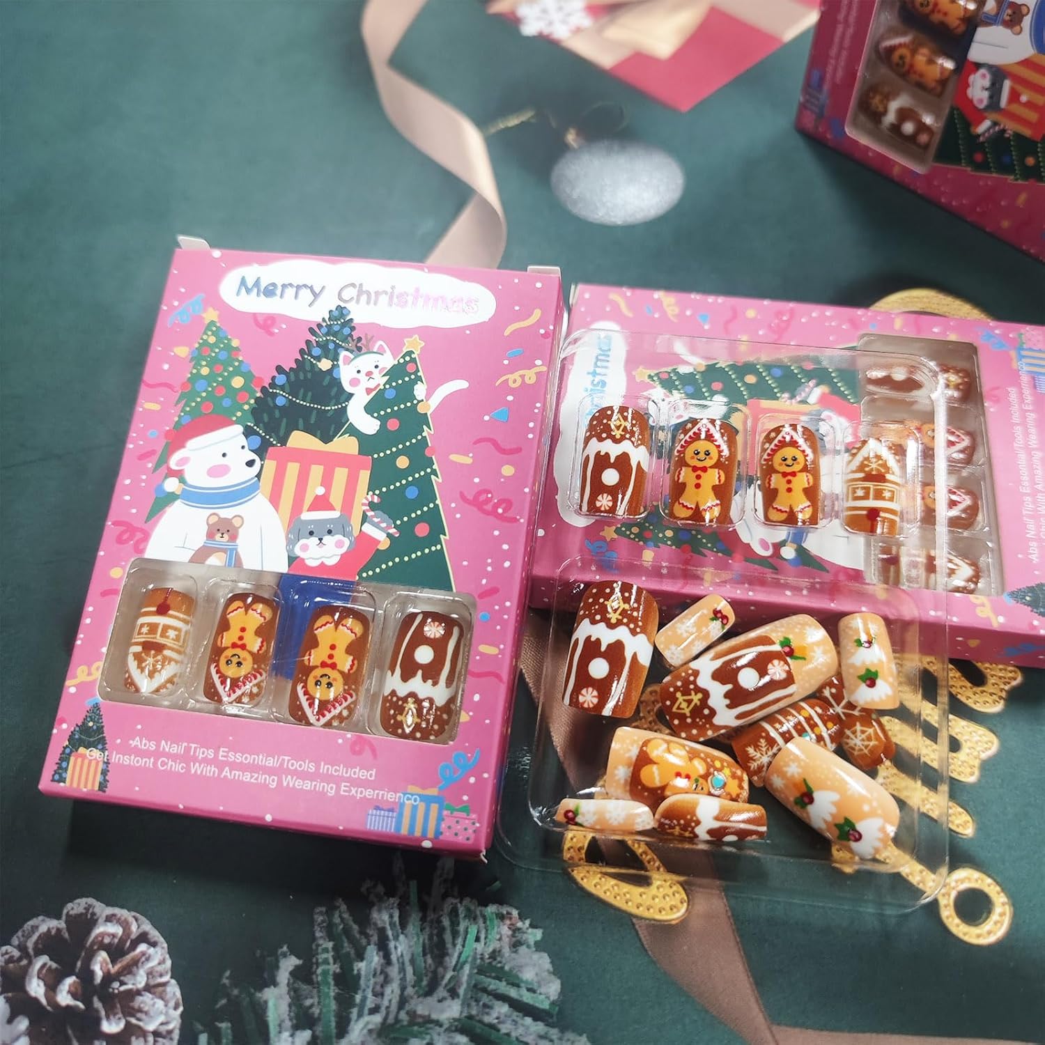 Cartoon Christmas Gingerbread Press on Nails Snowflake Fake Nails 24Pcs Medium Square Glossy Brown Room Acrylic False Nails Xmas Snowing Gel Glue on Nails Cherry Stick on Nails for New Years Gift - Image 2