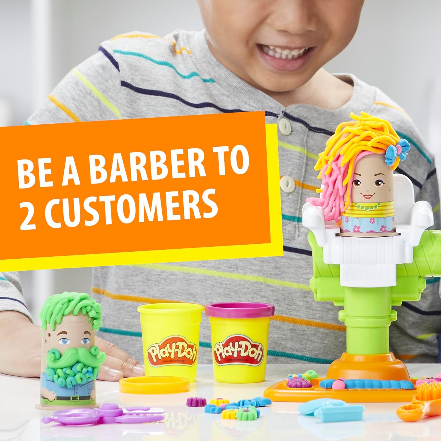 Play-Doh Buzz 'n Cut Fuzzy Pumper Barber Shop Set, Electric Buzzer, 5 Colors of 2-Ounce Cans, Preschool Toys, Christmas Gifts Girls & Boys, Ages 3+ (Amazon Exclusive) - Image 3