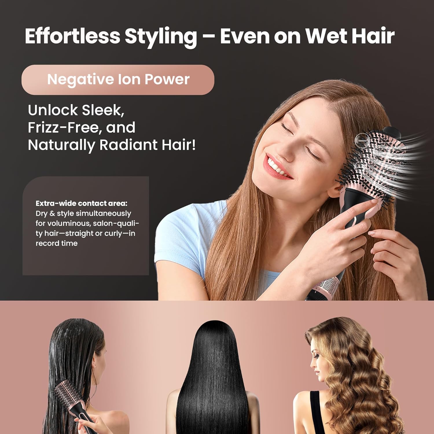 PRITECH 1000W Dual Voltage Ceramic Ionic Hair Dryer Brush,4-in-1 Hot Air Styler & One Step Volumizer for Straight & Curly Hair Salon (110-120V/220-240V),Black Gold - Image 5