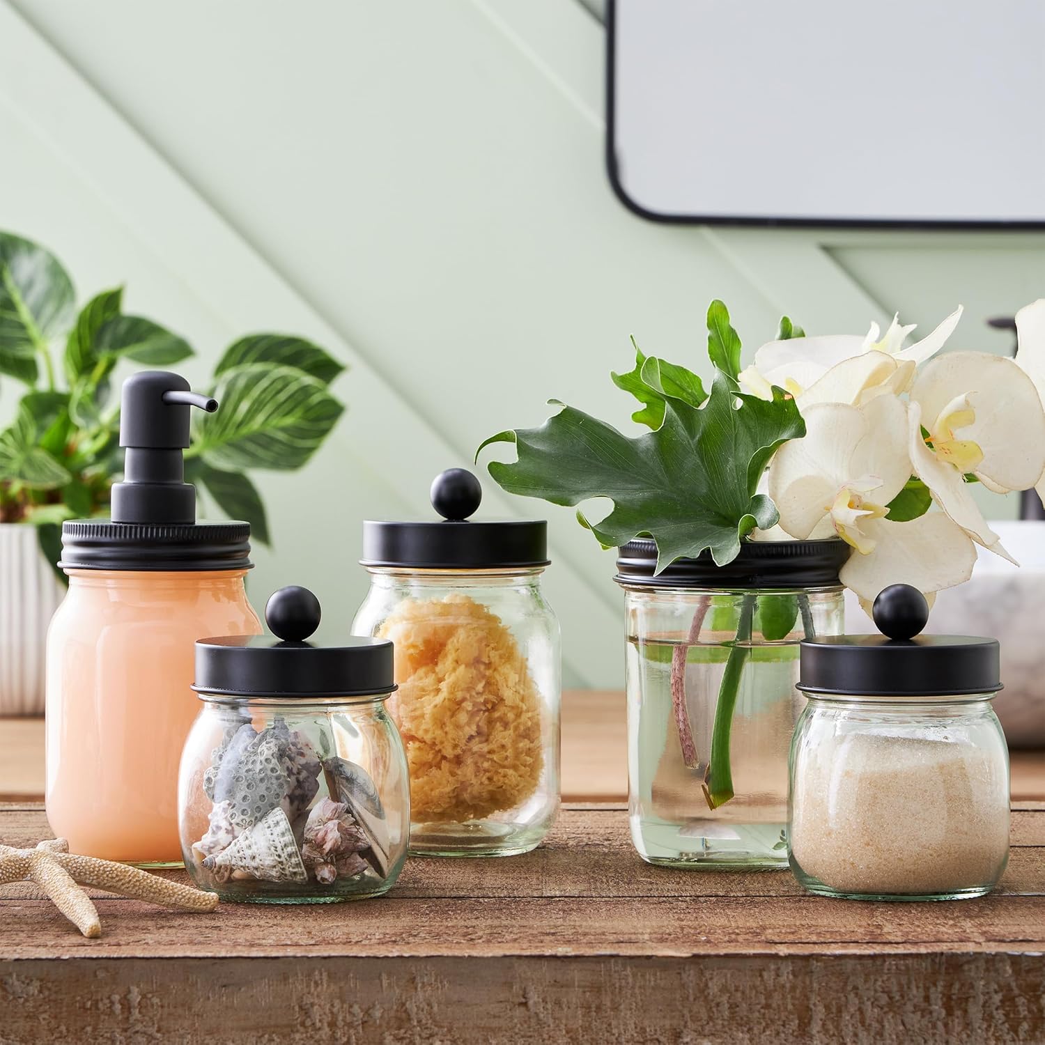 Mason Jar Bathroom Accessories Set – 5-Piece Bathroom Set with Toothbrush Holder, Soap Dispenser, Canister, and 2 Small Jars by Lavish Home (Black) - Image 4