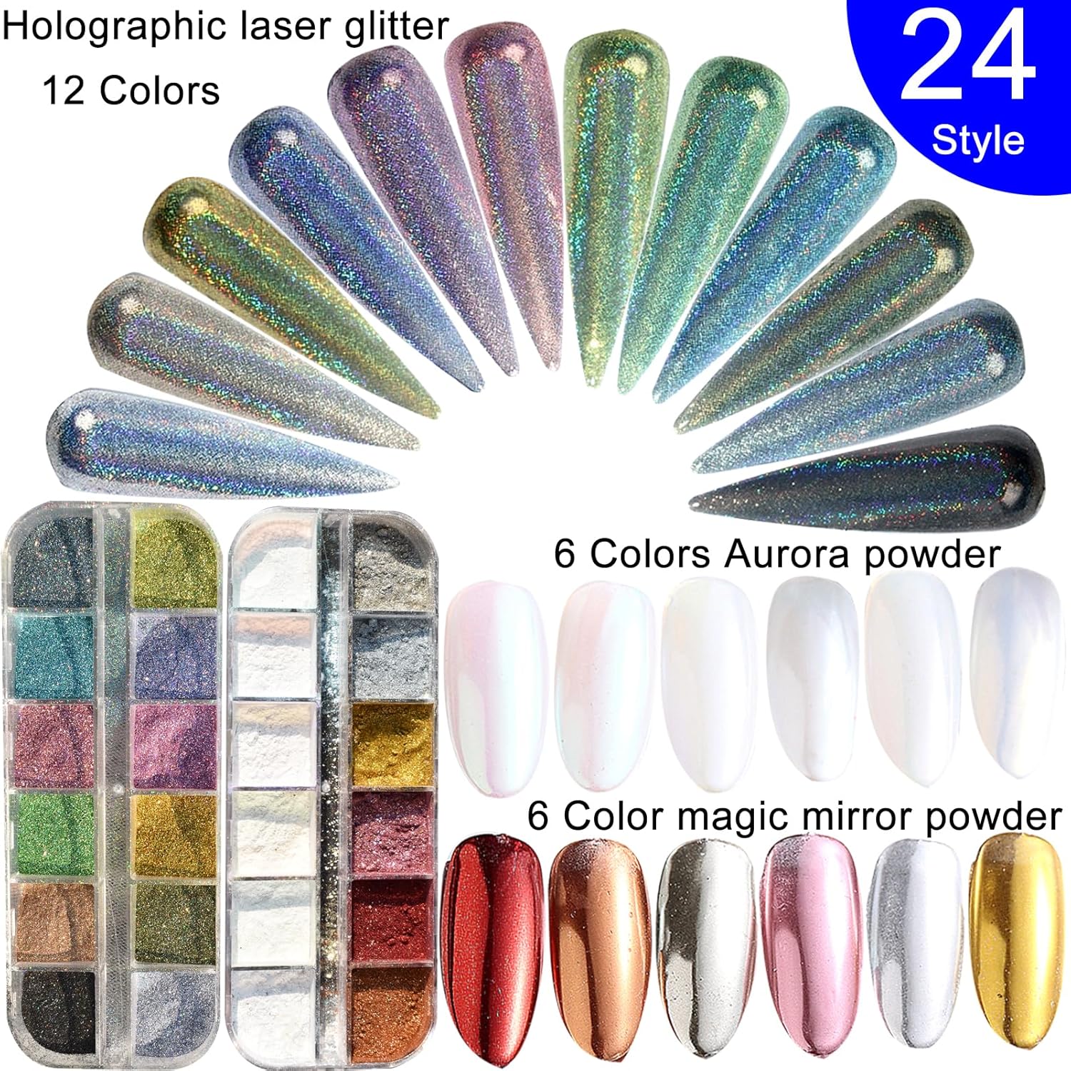 2 Boxes 24 Colors Chrome Nail Powder Set Holographic Mirror Effect 1g Grids - Image 2
