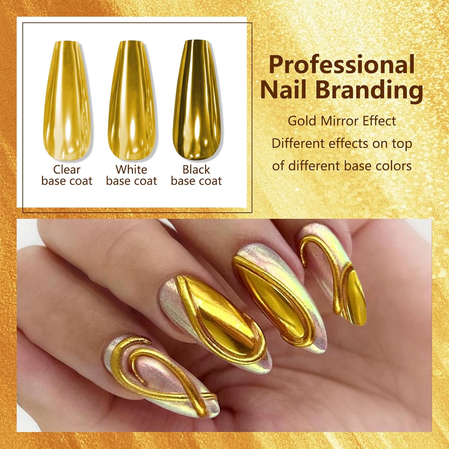 Holographic Mirror Gold Nail Chrome Powder Effect Metallic Dust Sequins UV Gel Gold Chrome Nail Powder Pigment for Nail Art Decoration, Gold Chrome Powder for Nails - Image 2