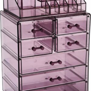 ZHIAI Cosmetic Makeup and Jewelry Storage Case Display - Spacious Design - Great for Bathroom, Dresser, Vanity and Countertop (1 Top 7 Drawers, Purple)