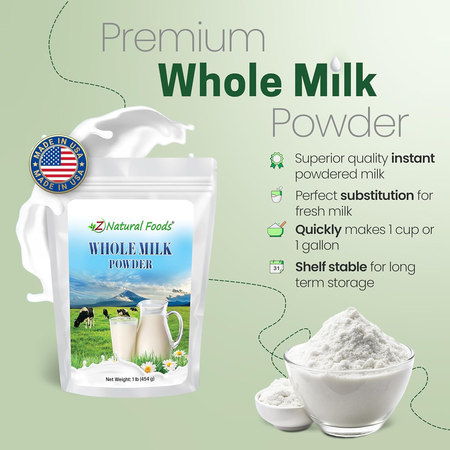 Z Natural Foods Premium Whole Milk Powder - Powdered Milk for Baking, Cooking, Drinks - Dry Milk Powder, Pasteurized, Non-GMO, Gluten-Free, Kosher-Certified, 1 lb - Image 3