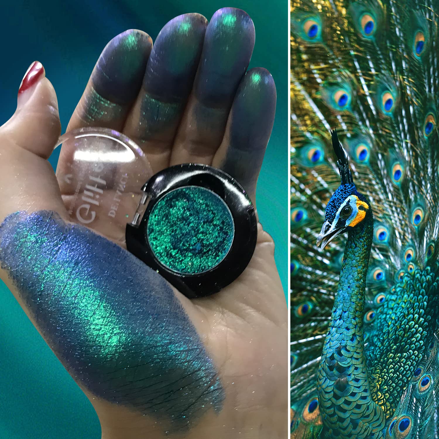 DE'LANCI Multichrome Peacock Green Eyeshadow Single, St. Patrickโs Day Metallic Glitter Eye Cosmetic, Sparkly Emerald Shimmer Makeup for Festive, Intense Long-Lasting Eyeshadow for Blue/Green Eyes - Image 5