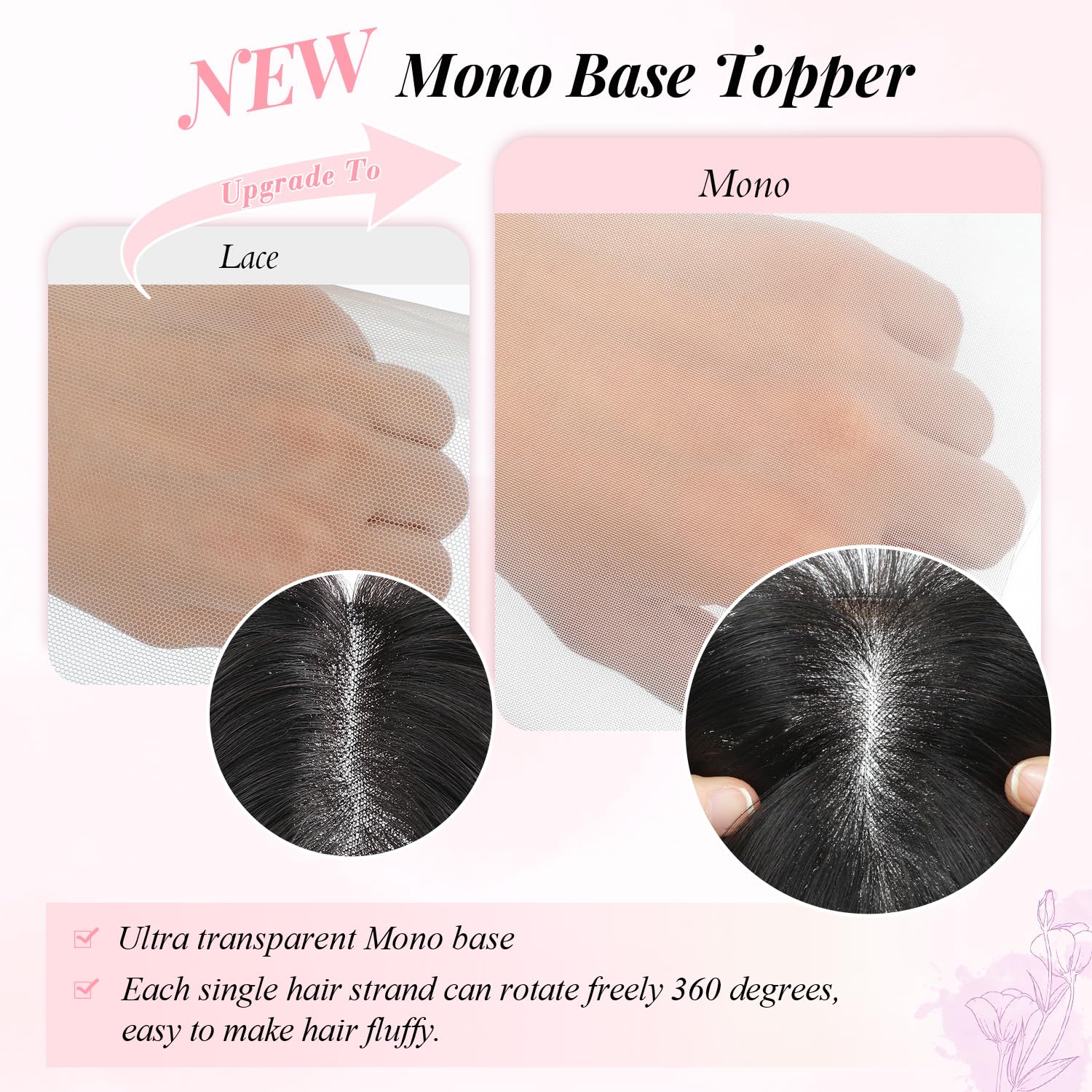 Fine Plus 14Inch Hair Toppers for Women Real Human Hair – Mono Base 3"x5", Natural Black Virgin Quality, for Thinning Crown & Wide Parting, Lightweight & Breathable, Add Volume Can Be Curled - Image 4