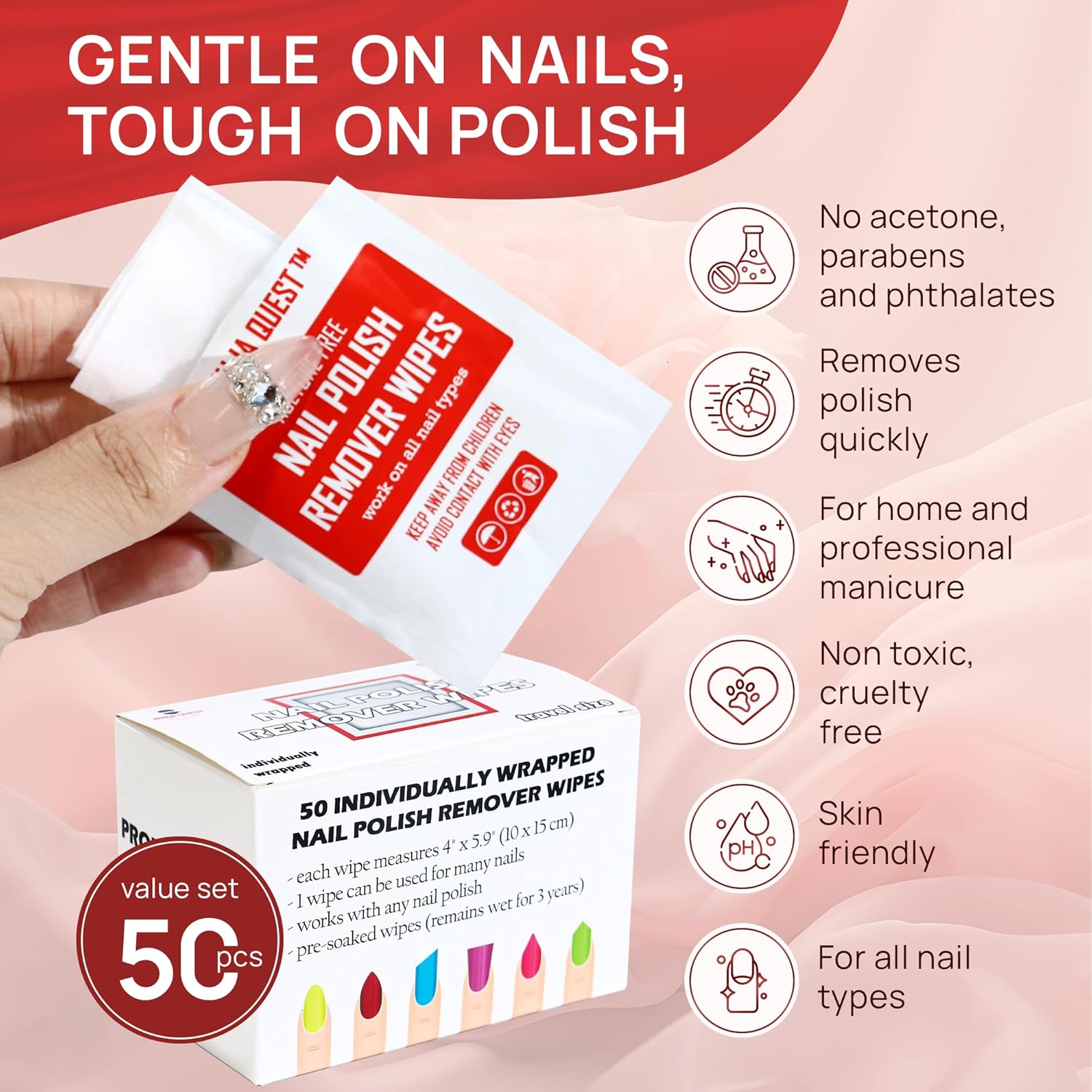 Nail Polish Remover Pads - 100% Non-Acetone - 50 Pack Bulk Set - Individually Wrapped - Quick Nail Polish Remover Wipes - Fingernail Travel Kit to Clear Nail Polish for Home & Professional Removal - Image 2