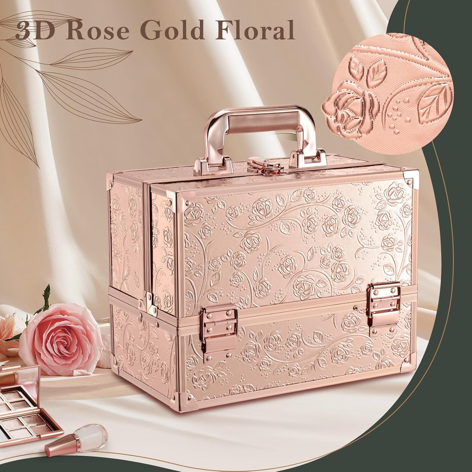 FRENESSA Makeup Case 11.8 Inch Makeup Organizer Case Large Cosmetic Box with Mirror Portable 3 Trays Travel Storage Box for Make Up Artist Nail Tech Kits Cosmetology Case 3D Rose Gold Floral - Image 5