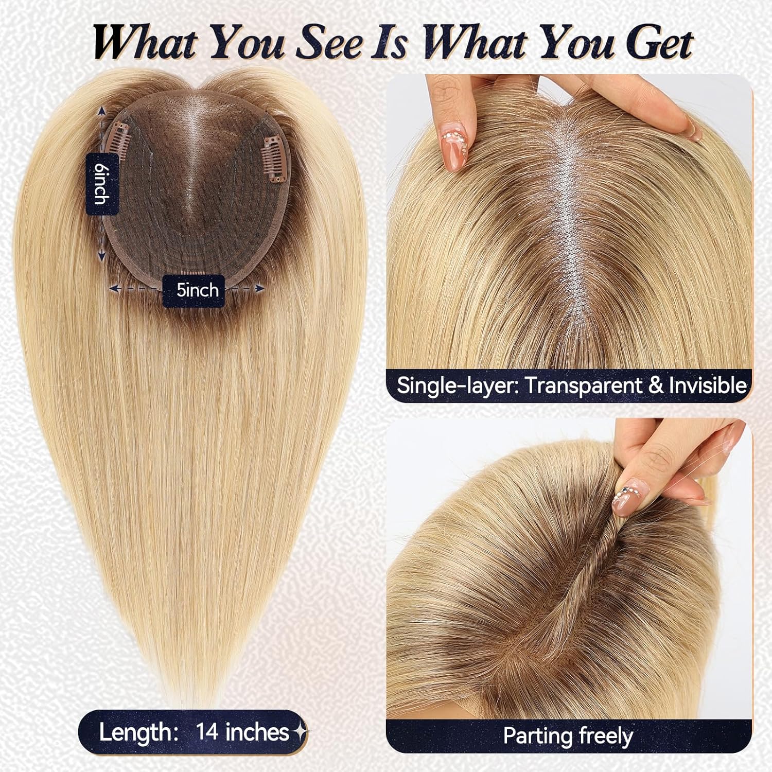 starluck 6x5 inch Lage Swiss Base SilkHug 14 Inch Real Human Hair Toppers,60 Gram, 100% Real Human Hair Toppers for Women with thinning (Ombre Blonde, with Bangs) - Image 4