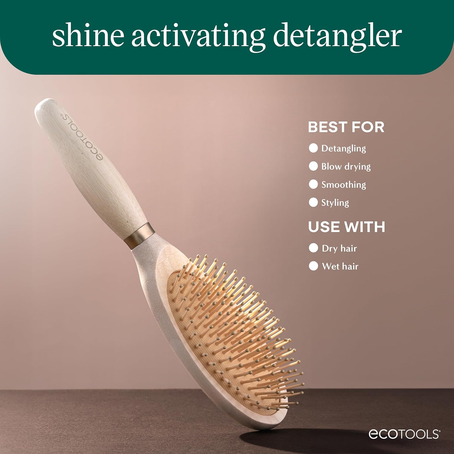 EcoTools Shine Activating Detangler Hairbrush, Brush For Wet Or Dry Hair, Gently Detangle & Style Hair, Heat Safe Paddle Brush, Flexible Bristles, Renewable Bamboo, Vegan & Cruelty-Free, 1 Count - Image 3