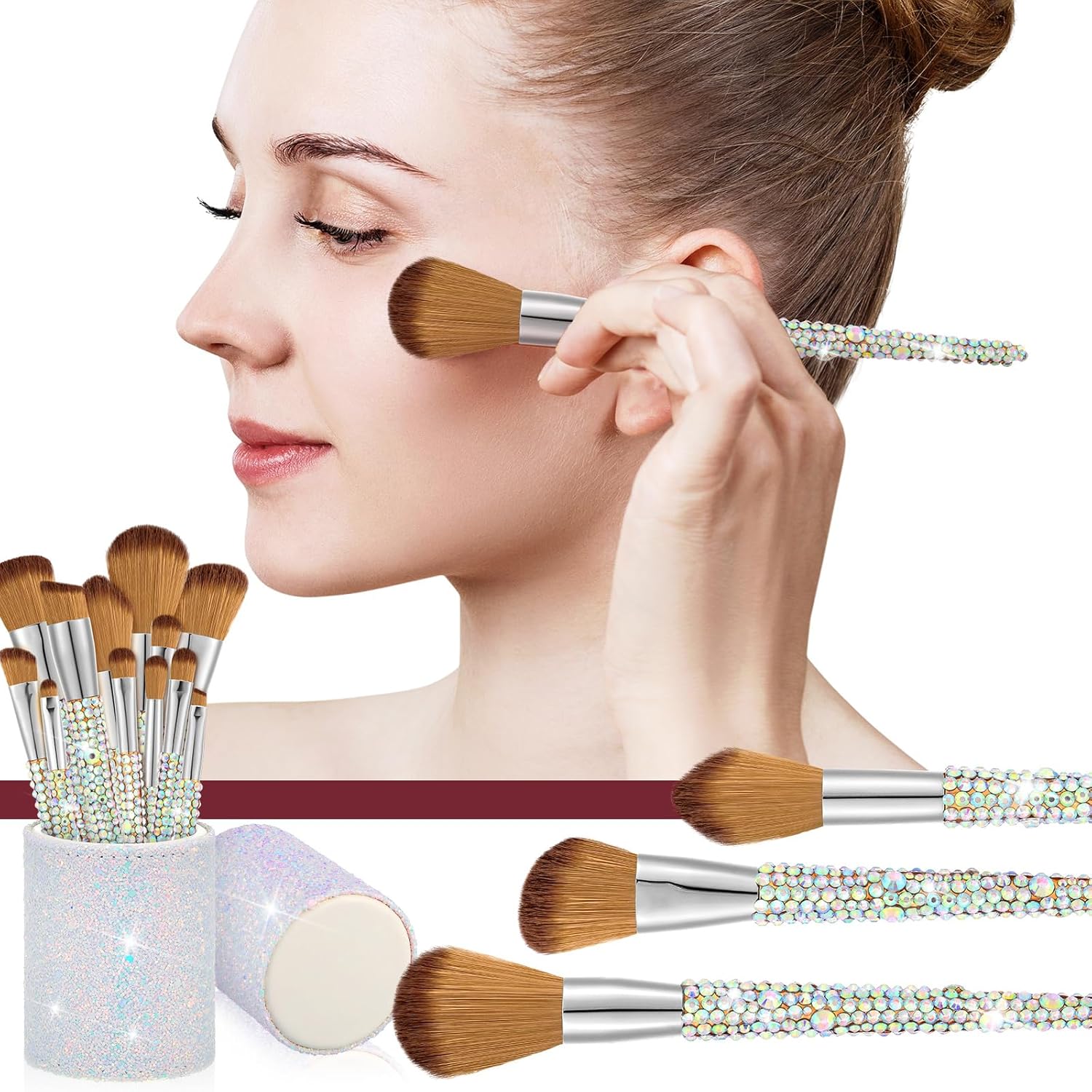 13 Pieces Rhinestone Makeup Brushes Set Bling Crystal Professional Face Cosmetics Blending Liquid Foundation Powder Concealer Eye Shadows Make up Beauty Tool Glitter with Holder (Silver, Yellow) - Image 5