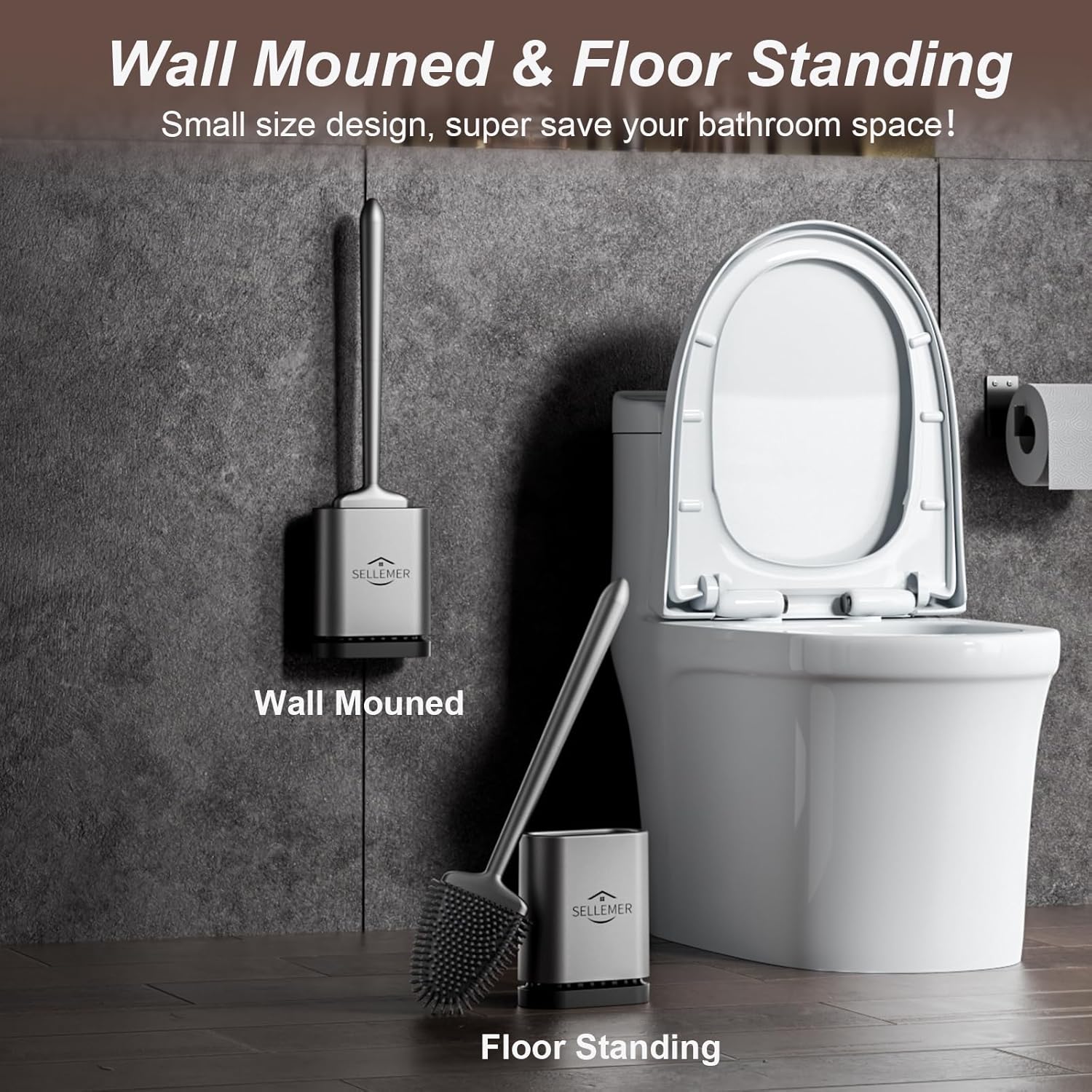 Sellemer Silver Toilet Brush and Holder Set with Flexible Silicone Bristles Compact Size - Image 8