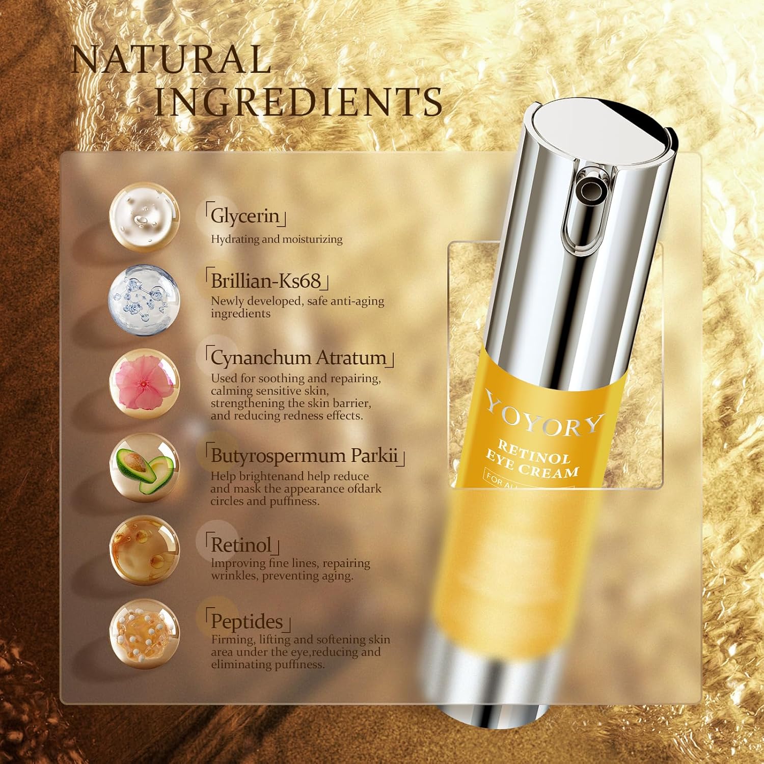Retinol Under Eye Cream - Anti-aging Eye Cream for Eye Bags, Dark Circles, and Fade Wrinkles, Fine Lines Skin Care Treatment for Women and Men, Gold(0.67 Fl Oz) - Image 4