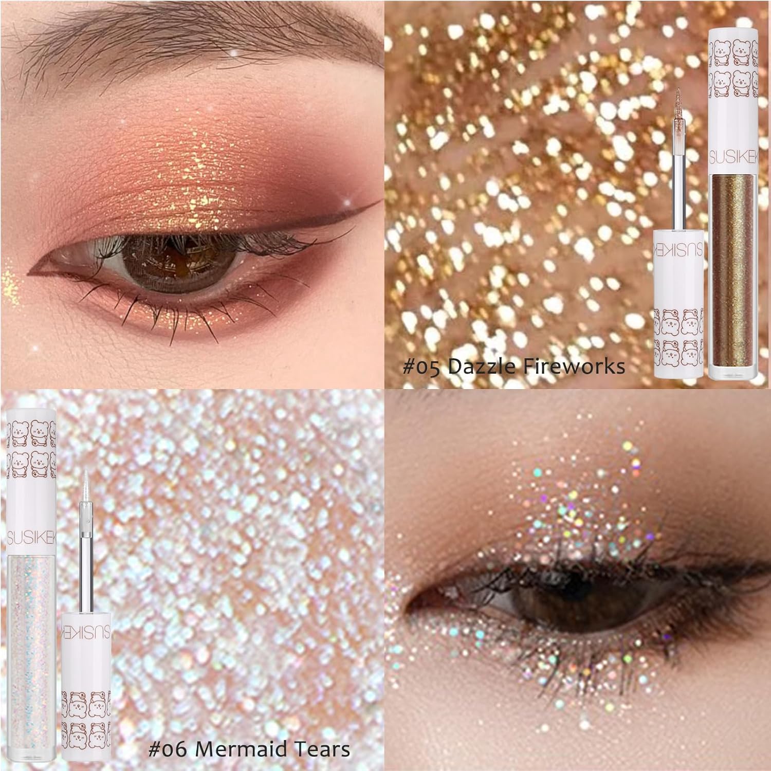 Eye Glitter Liquid Eyeshadow Eyeliner Set(6Pcs), Glittery Korean Makeup Bling Under Eye Shadows, Shimmer Tear Drop Make Up Gift Kit, Quick-Dry, Long-Lasting Loose Glitter Glue for Crystal Makeup - Image 5