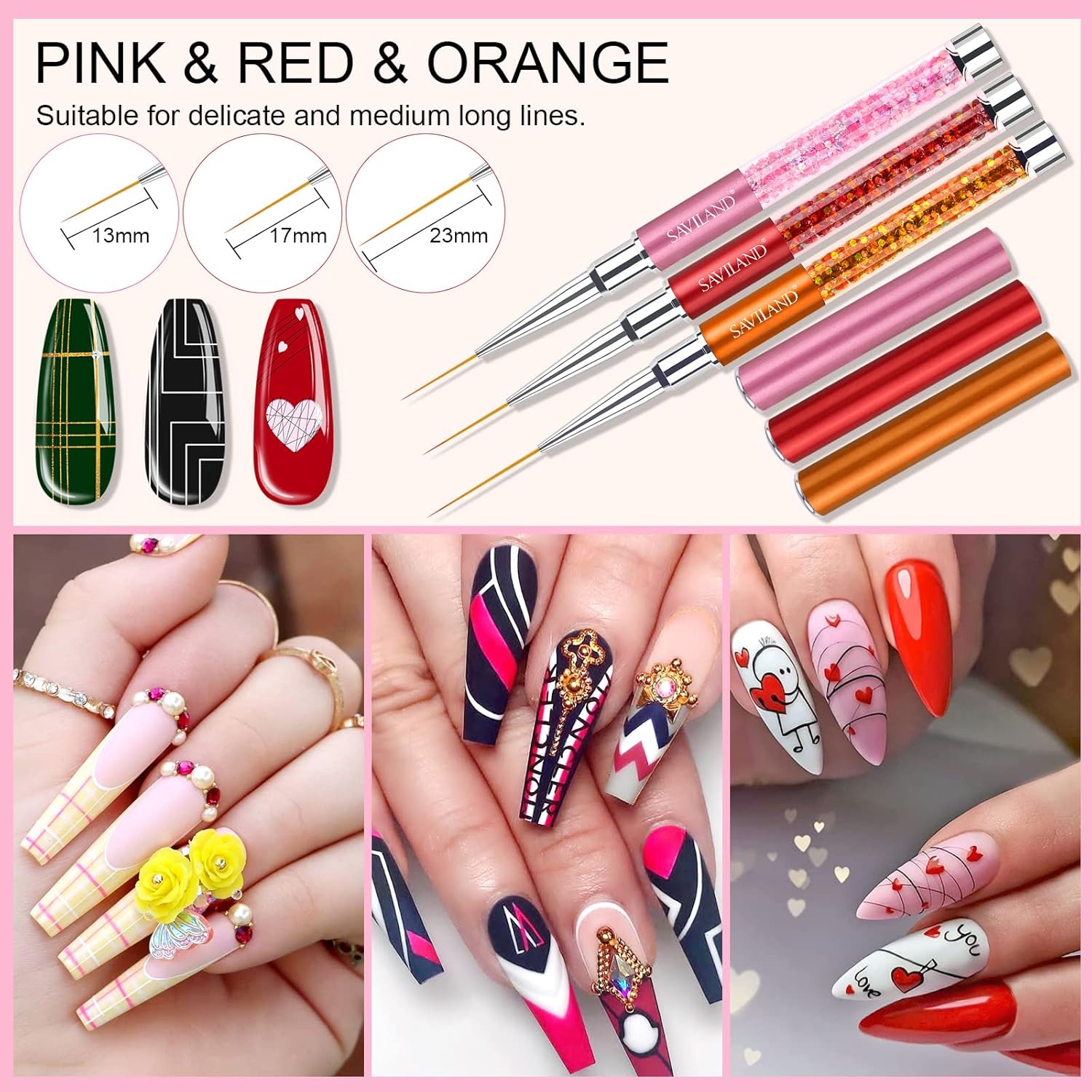 Saviland 6pcs Nail Art Liner Brushes Set: Nail Gel Polish Painting Nail Art Design Brush Pen Set with Crushed Diamond Rhinestones Handle for Pulling Lines, Sizes 7/9/11/13/17/23 mm, Christmas Gifts - Image 5