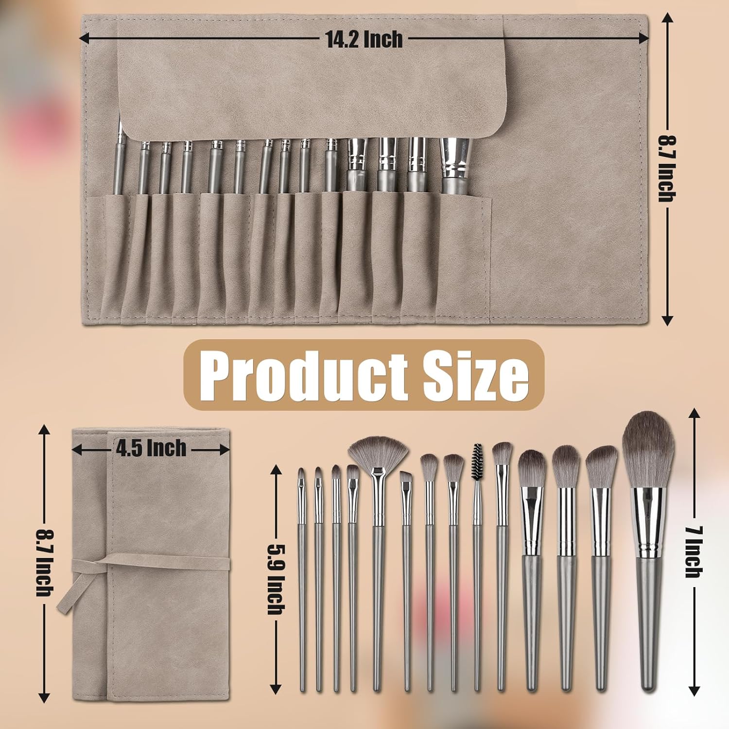 14 Pcs Makeup Brush Set, Professional Eye and Face Foundation Brush Set, Eyeshadow Brushes, Cosmetic Brushes, with Pu Bag, Grayish - Image 2