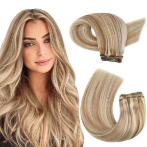 Moresoo Sew in Hair Extensions Real Human Hair Blonde Highlights Remy Human Hair Weft Extensions Medium Brown with Blonde Sew in Weft Hair Extensions Human Hair 100g 18 Inch