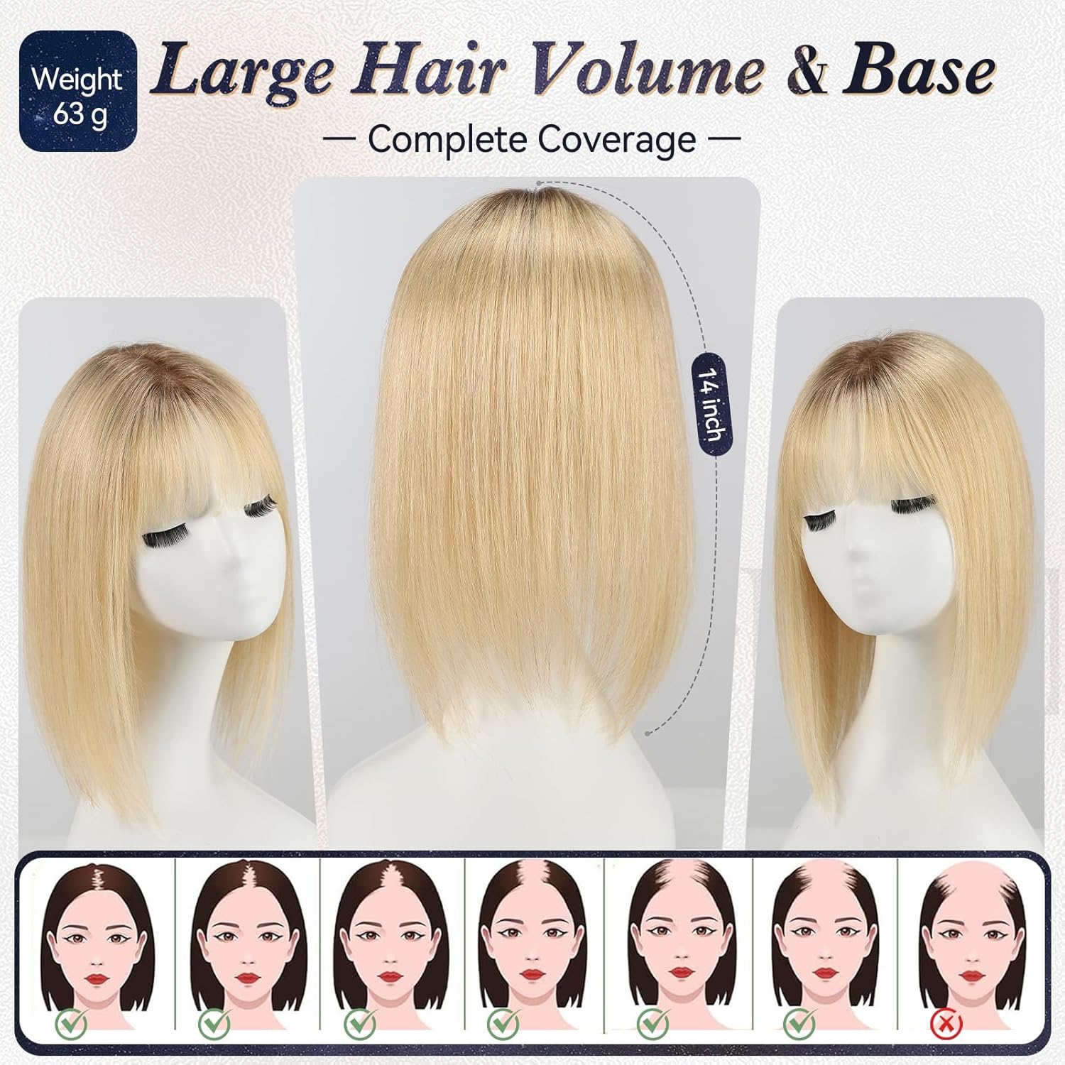starluck 6x5 inch Lage Swiss Base SilkHug 14 Inch Real Human Hair Toppers,60 Gram, 100% Real Human Hair Toppers for Women with thinning (Ombre Blonde, with Bangs) - Image 6