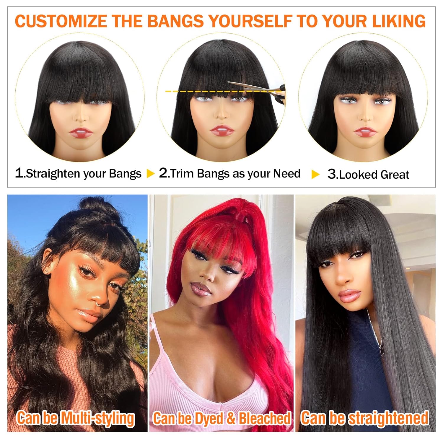 Body Wave Wigs with Bangs Human Hair Wigs for Black Women None Lace Front Wigs 150% Density Brazilian Virgin Hair Glueless Machine Made Wig Natural Color(20 Inch, Body Wave) - Image 4