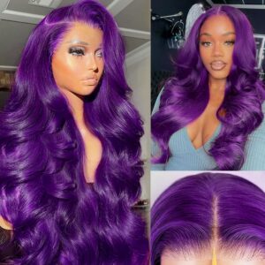 Purple Human Hair Wig 5x5 Body Wave Closure Wig 200 Density Colored Lace Front Wigs Human Hair Wear Go Glueless Wigs Human Hair Pre Plucked Pre Cut 24 Inch HD Transparent Lace Front Wigs for Women
