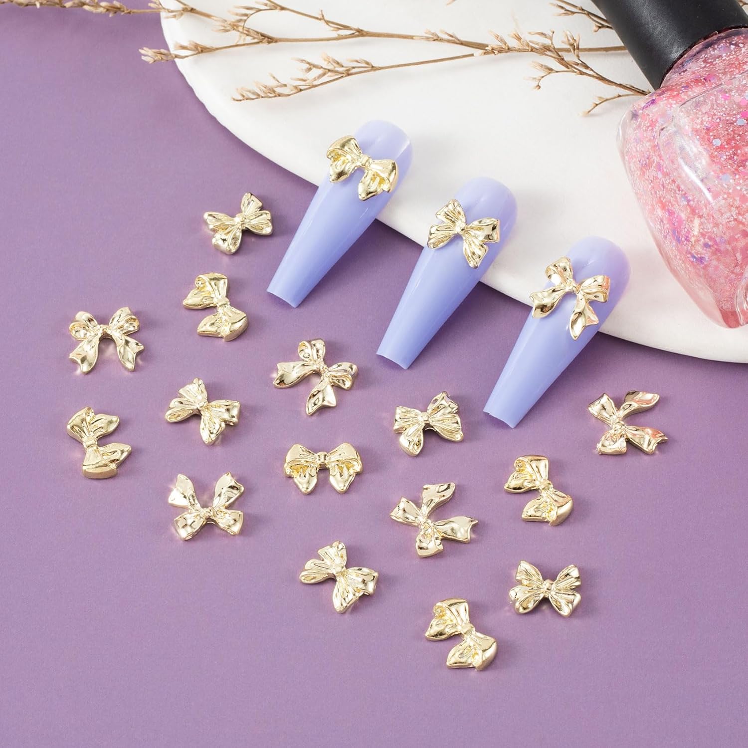 90Pcs Gold Bow Nail Charm 3 Styles Bowknot Nail Bows Glitter Acrylic Kawaii Halloween Christmas Wedding Prom Decoration for Women Scrapbook Envelope Cards Making - Image 4