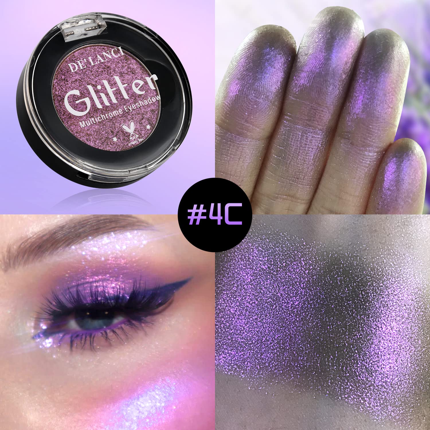 DE'LANCI Purple Eyeshadow Single Palette,Bright Lavender Purple Duochrome Eye Shadow,Highly Pigmented Glitter Violet Metallic Eyeshadow for Women and Girls,Ultra-Blendable,Waterproof Vegan & Talc Free - Image 4
