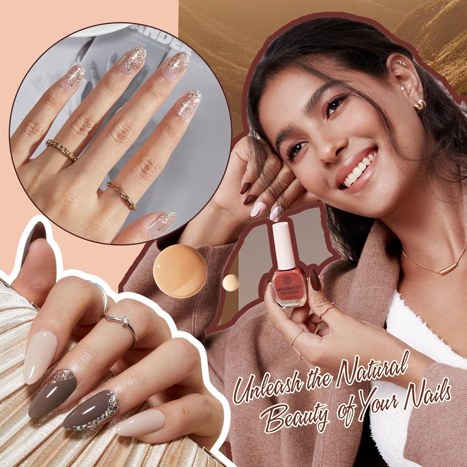 AZUREBEAUTY Brown Shades Champagne Glitter Nail Polish Set 8 Colors, Quick Dry Natural Nail Lacquer Strengthening Treatment Kit DIY Salon - Image 2