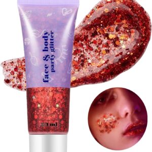 Go Ho Red Face Body Glitter,Singer Concerts Red Face Paint Glitter Makeup,Holographic Chunky Sequins Glitters for Eye Lip Hair Nails,Festival Rave Accessories,52g
