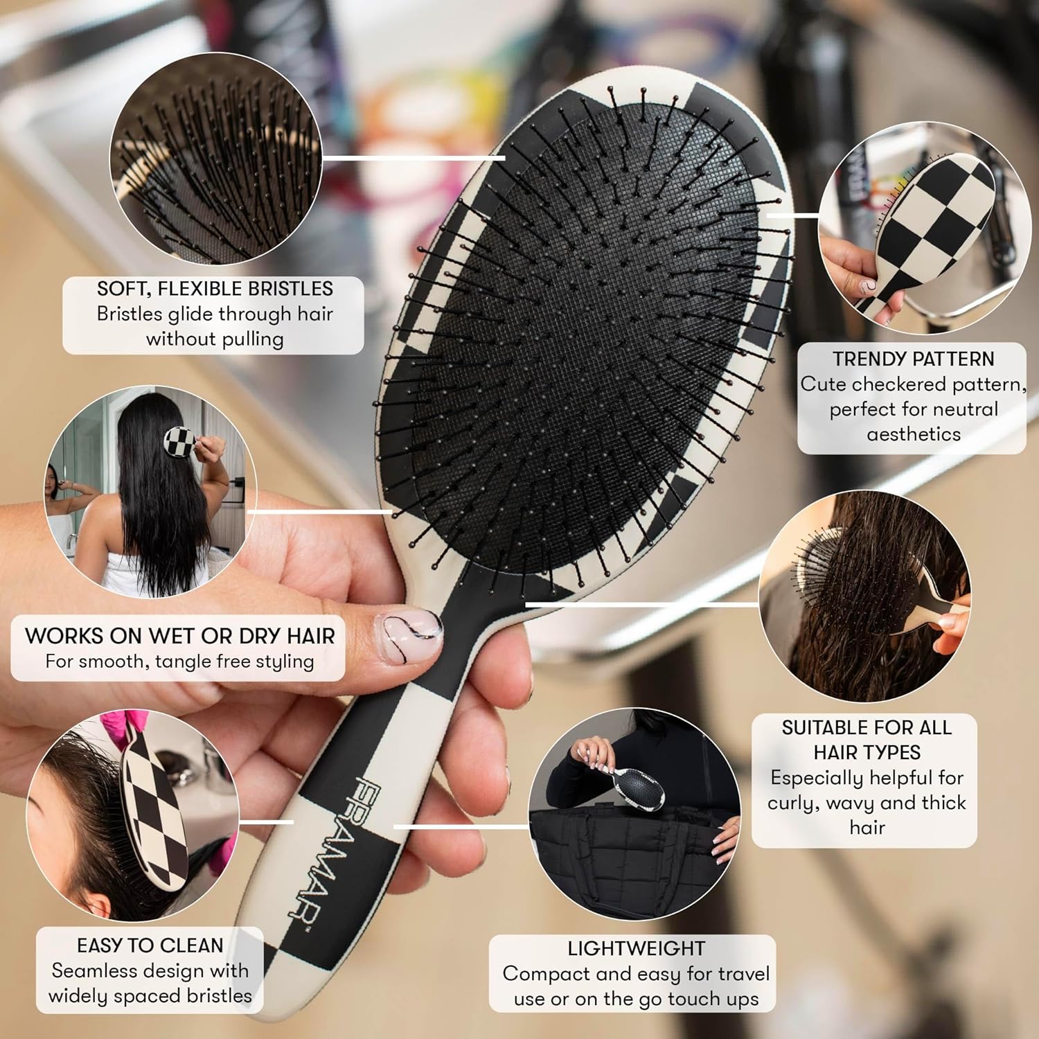 FRAMAR Checkered Print Hair Brush Detangler – Wet Hair Brushes For Women, Womens Hair Brush, Black and White Checkered Hair Accessories, Hairbrush For Women, Cepillos Para Cabello – Detangle Brush - Image 2
