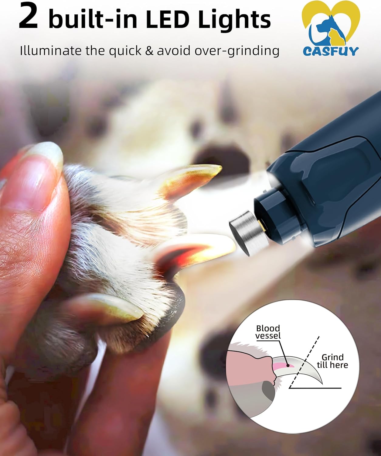 Casfuy Rechargeable 6-Speed Dog Nail Grinder with LED Lights for All Sizes - Image 4