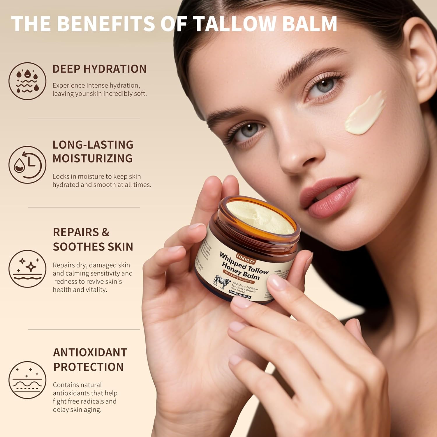 Beef Tallow for Skin, 100% Grass-Fed Whipped Beef Tallow Honey Balm for Face and Body, Tallow Face Moisturizer with Jojoba Oil, All Natural Skin Care for Sensitive, Dry Skin - 2 oz - Image 3