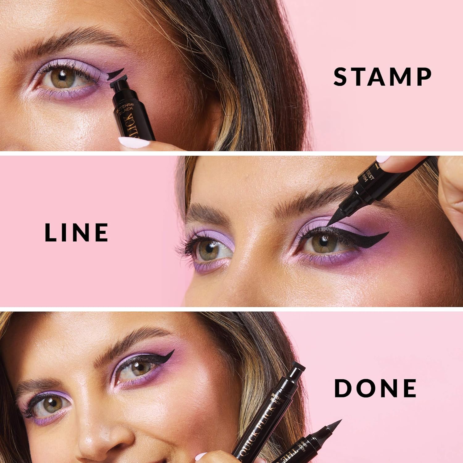 The Quick Flick Winged Eyeliner Stamp – Waterproof & Smudge Proof Vegan Cat Eye Stamp Eyeliner – 4mm Thick Winged Stamp & 10mm Modest Felt-Tip Liquid Hypoallergenic Eyeliner Pen (Intense Black-2 Pen) - Image 2