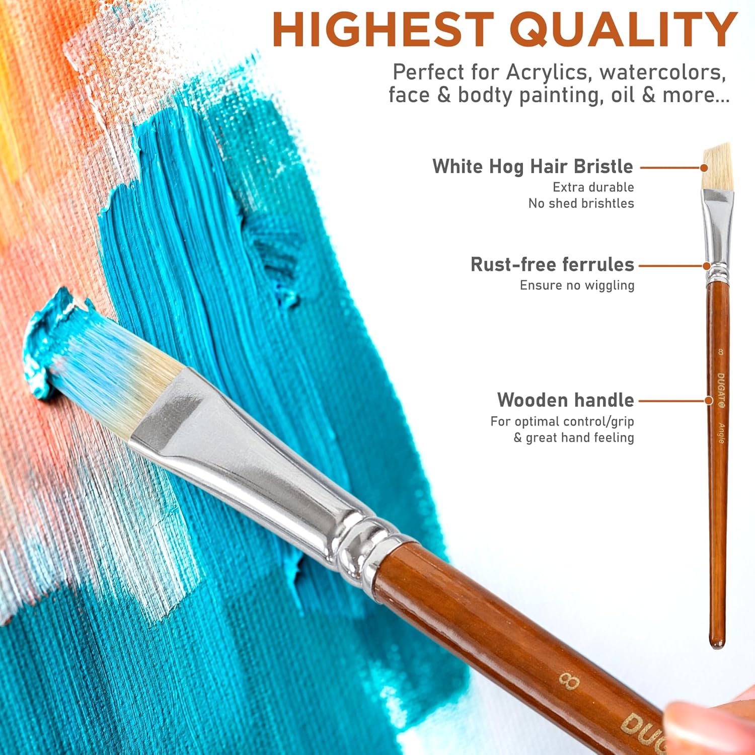 10pcs White Hog Hair Artist Paint Brush Set by DUGATO Perfect for Acrylic Oil Gouache Watercolor, Painting Brushes Kit for Kids, Adults Fabulous for Canvas & Fabric - Image 3