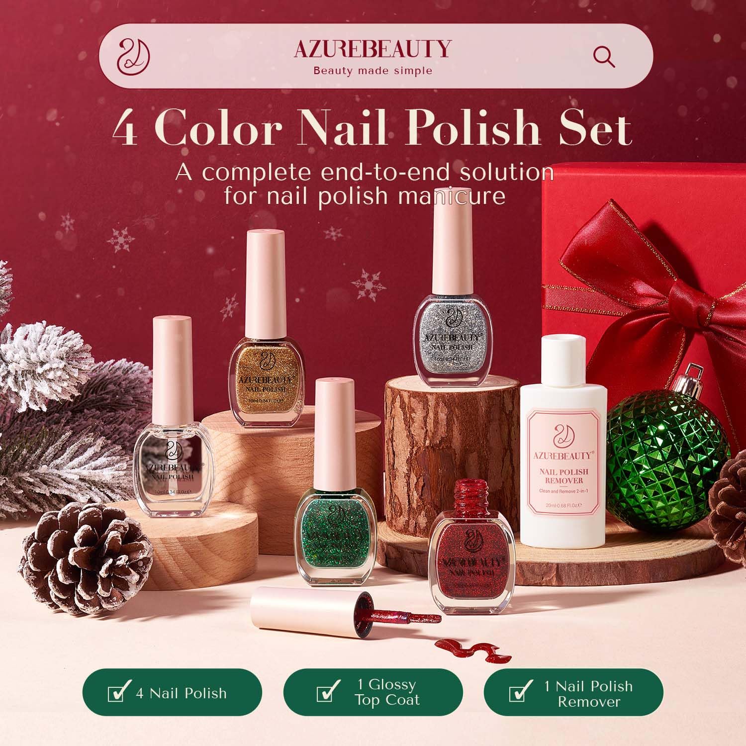 AZUREBEAUTY Nail Polish Set, 4 Colors Christmas Glitter Red Green Gold Silver Quick Dry Natural Fingernail Lacquer Strengthening Treatment Kit with Top Coat DIY Salon at Home - Image 7