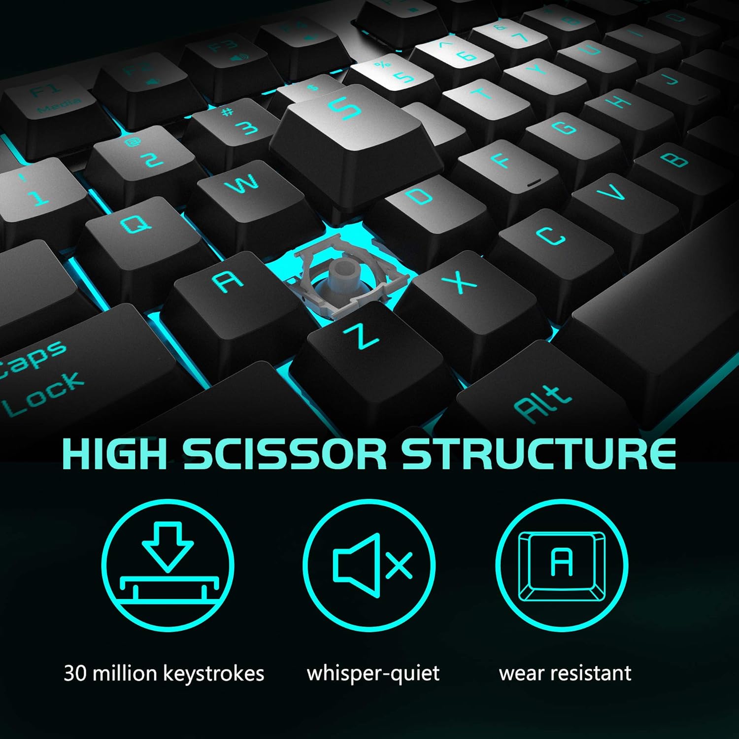 Light Up Quiet Gaming Keyboard - Membrane Silent Wired Keyboard with Low Profile Lighted Key for Computer, Windows PC Gamer - Full Size, Black - Image 2