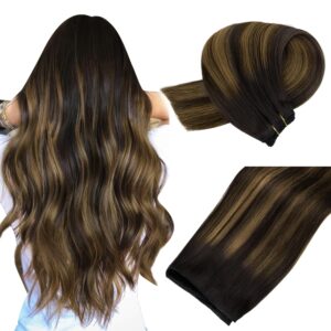 MAXITA Sew in Hair Extensions Real Human Hair Balayage Dark Brown Mixed Chestnut Brown Remy Human Hair Double Weft Extensions Soft Straight Sew in Weft Hair Extensions Human hair 16 inch 80g