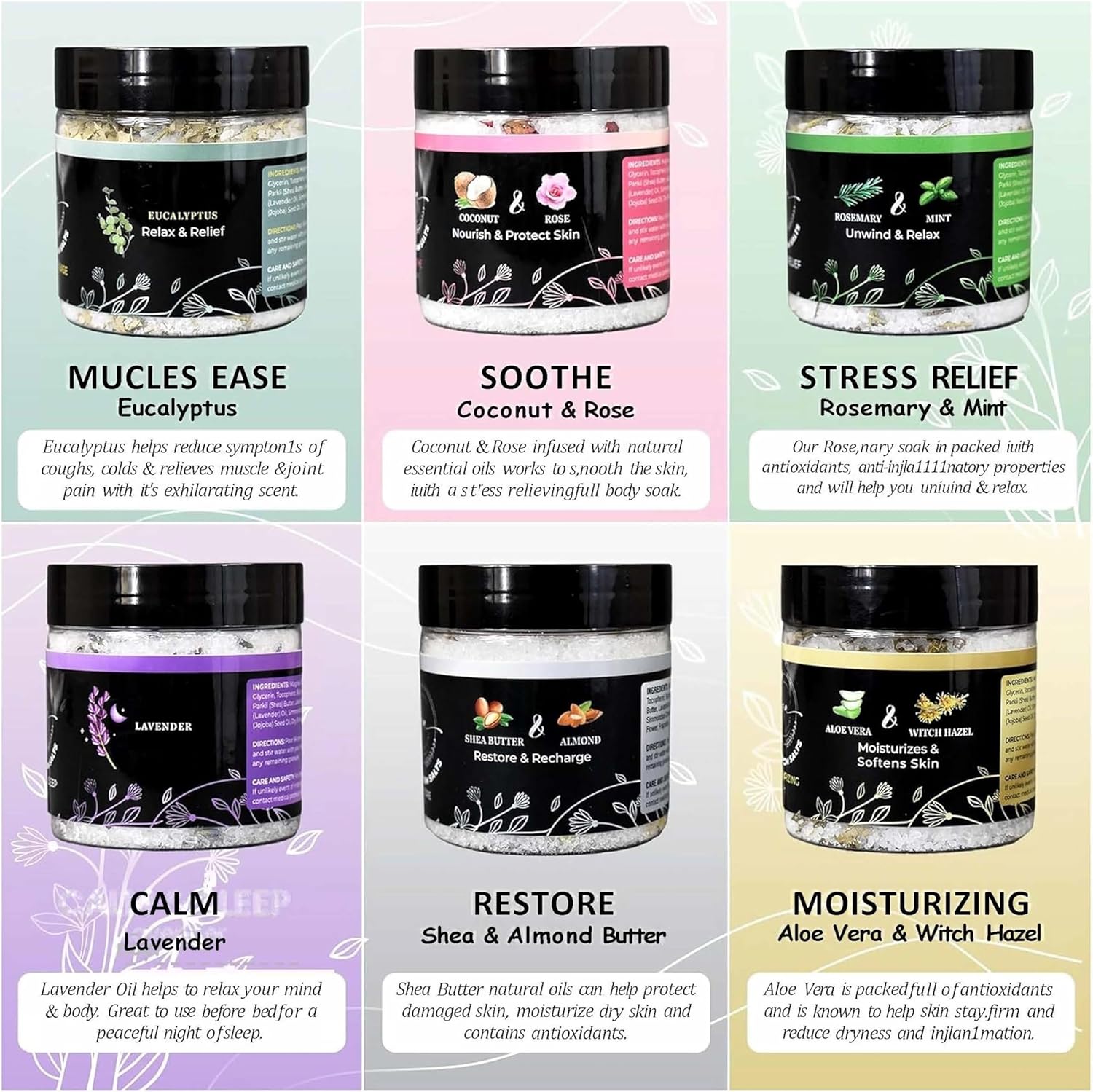 Epsom Bath Salts Gift Set, Relaxing Spa Salt & Essential Oils, Bubble Bath Soaks - Lavender, Eucalyptus, Coconut, Shea Butter, Rose Mary & Aloe Vera Self Care Gifts for Women (6 Pack) - Image 2