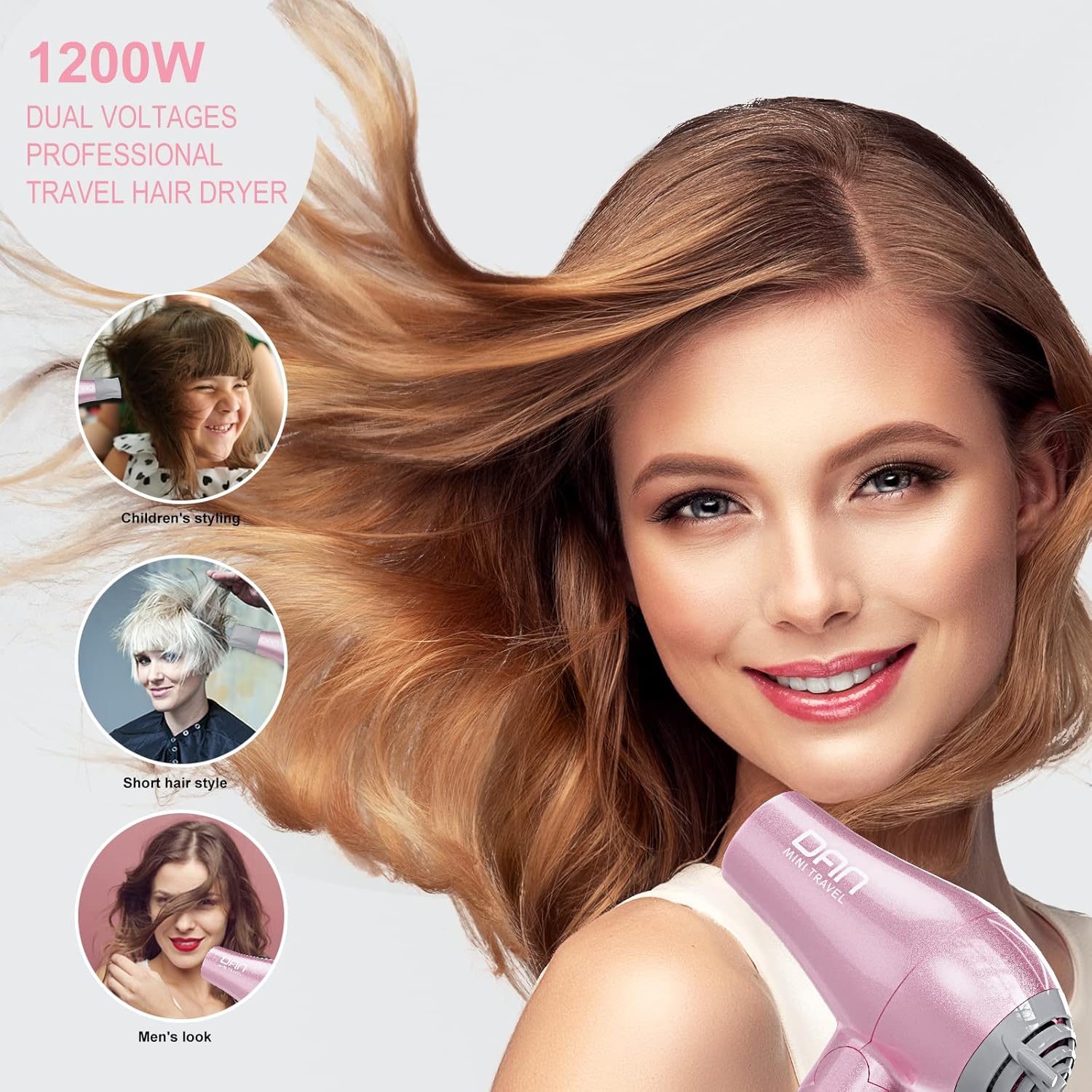 DAN Technology Pink Mini Travel Dual Voltage Hair Dryer Set with Concentrator and Diffuser - Image 6