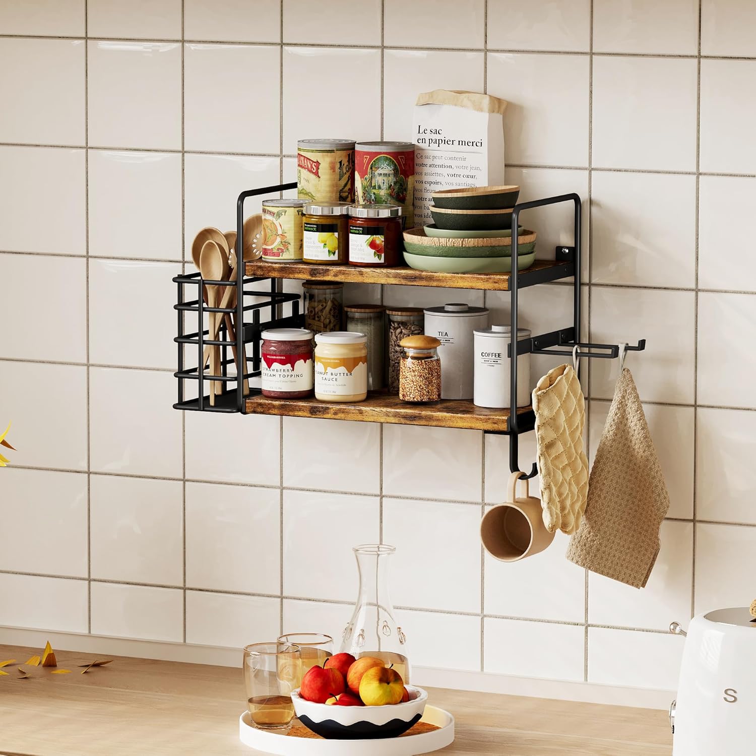 3-in-1 Wall Mounted Hair Dryer Holder with 2 Tier Shelves & Detachable Basket, Space Saving Organizer for Bathroom, Kitchen, Bedroom, Rust-Resistant, Easy Install - Image 3