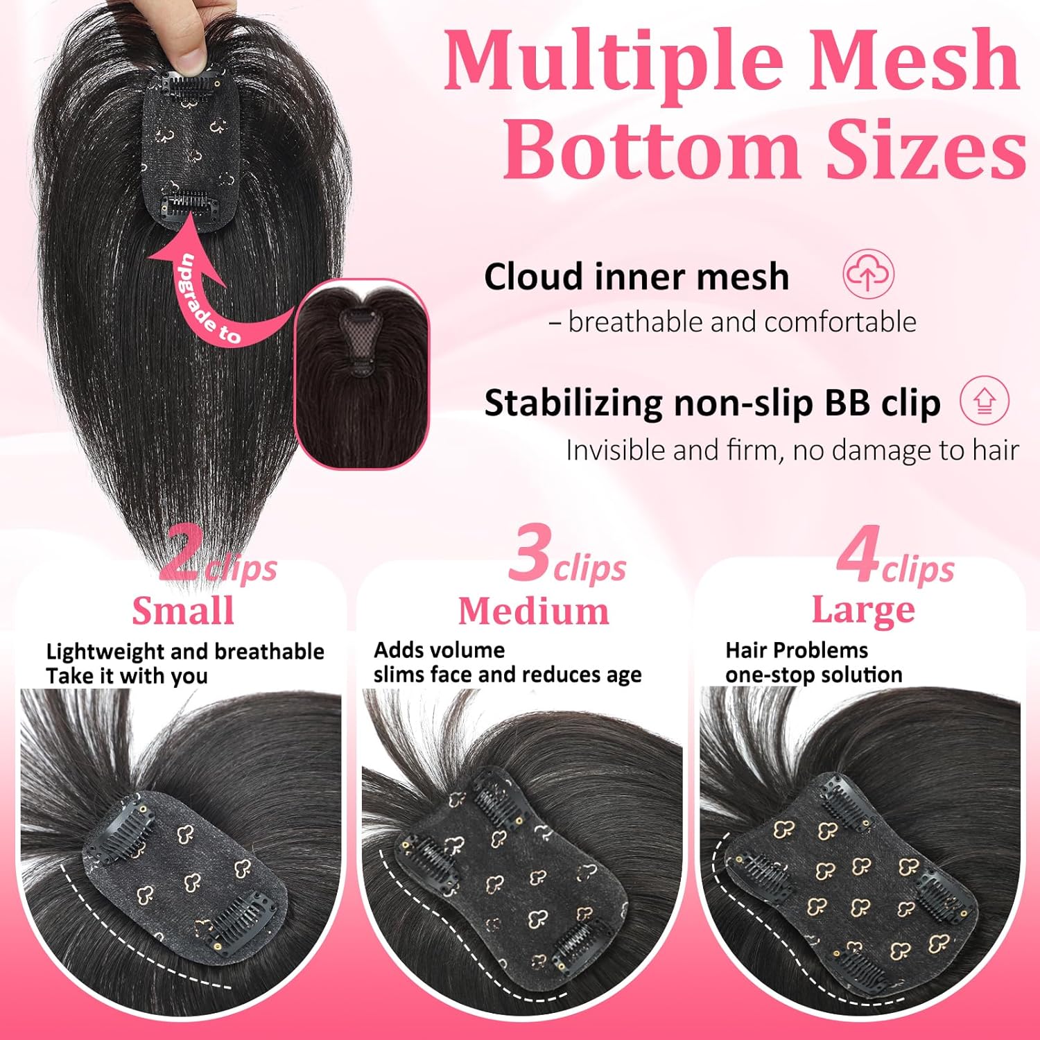 Hair Toppers for Women Real Human Hair, Upgrade Base Seamless 360ยฐ Cover 3D Wispy Clip in Bangs Toppers Hairpieces for Women with Thinning hair Dark Brown Short Topper - Image 3
